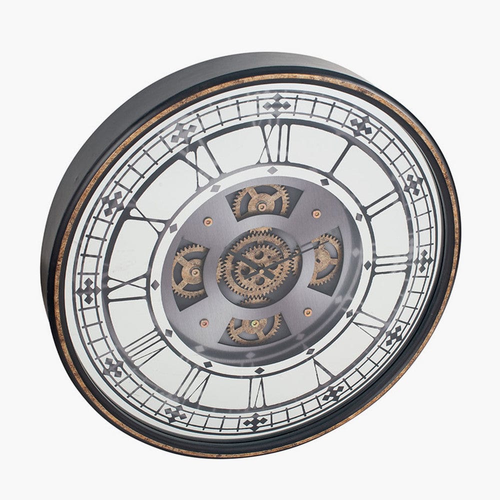 Antique Gold Wood & Mirror Round Working Cog Wall Clock.