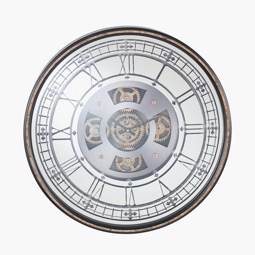 Pacific Lifestyle Accessories Antique Gold Wood & Mirror Round Working Cog Wall Clock House of Isabella UK