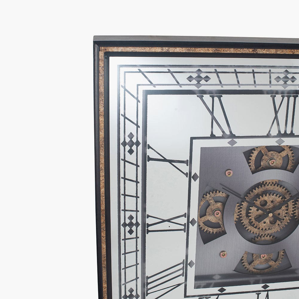 Antique Gold Wood & Mirror Square Working Cog Wall Clock.