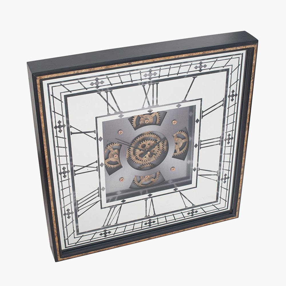 Pacific Lifestyle Accessories Antique Gold Wood & Mirror Square Working Cog Wall Clock House of Isabella UK