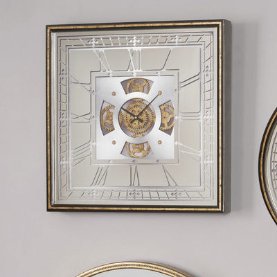 Pacific Lifestyle Accessories Antique Gold Wood & Mirror Square Working Cog Wall Clock House of Isabella UK