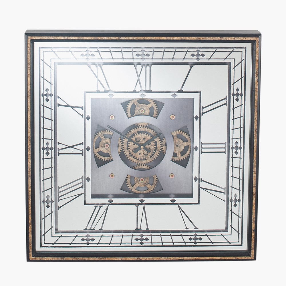 Pacific Lifestyle Accessories Antique Gold Wood & Mirror Square Working Cog Wall Clock House of Isabella UK