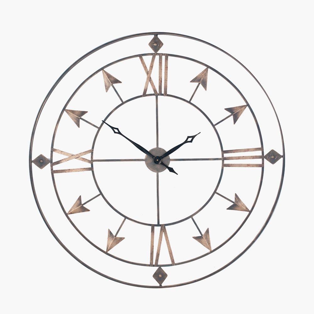 Antique Grey & Gold Metal Large Round Wall Clock.