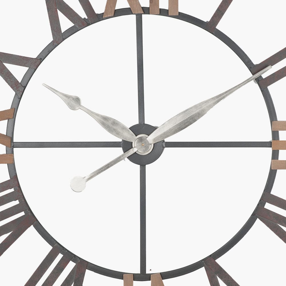 Antique Grey Metal & Wood Round Wall Clock.