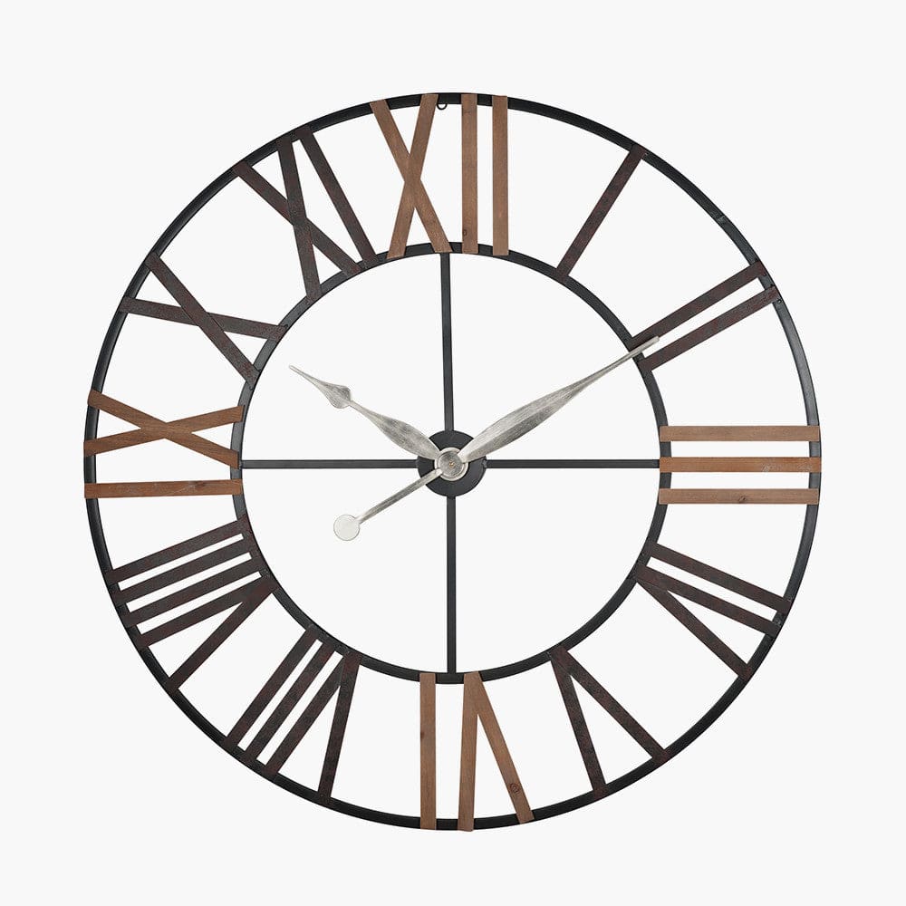 Antique Grey Metal & Wood Round Wall Clock.