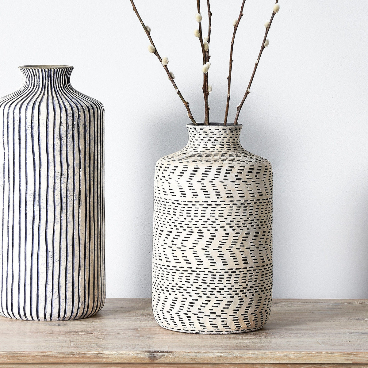 Atouk Textured Natural and Black Stoneware Vase.
