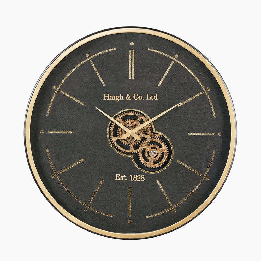 Black and Champagne Gold Wood Working Cog Wall Clock.