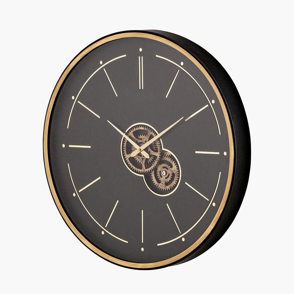 Black and Champagne Gold Wood Working Cog Wall Clock.