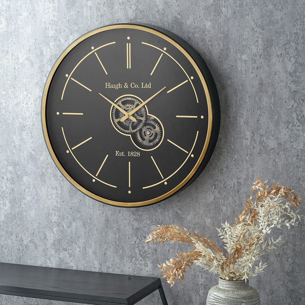 Black and Champagne Gold Wood Working Cog Wall Clock.