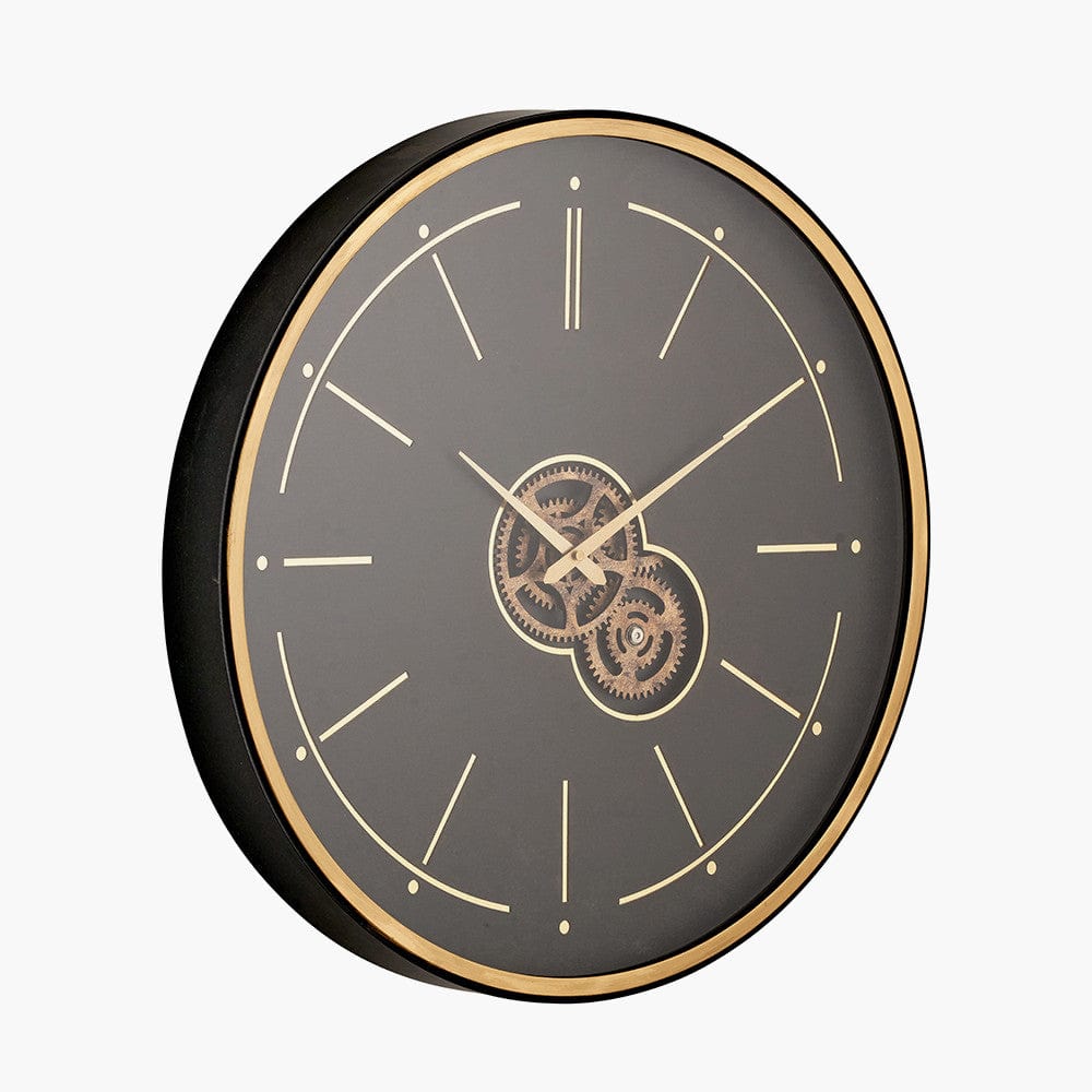 Black and Champagne Gold Wood Working Cog Wall Clock.