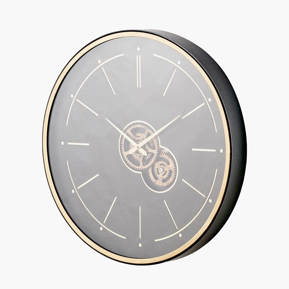 Black and Champagne Gold Wood Working Cog Wall Clock.