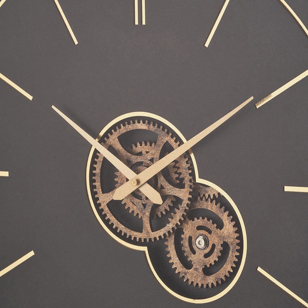 Black and Champagne Gold Wood Working Cog Wall Clock.