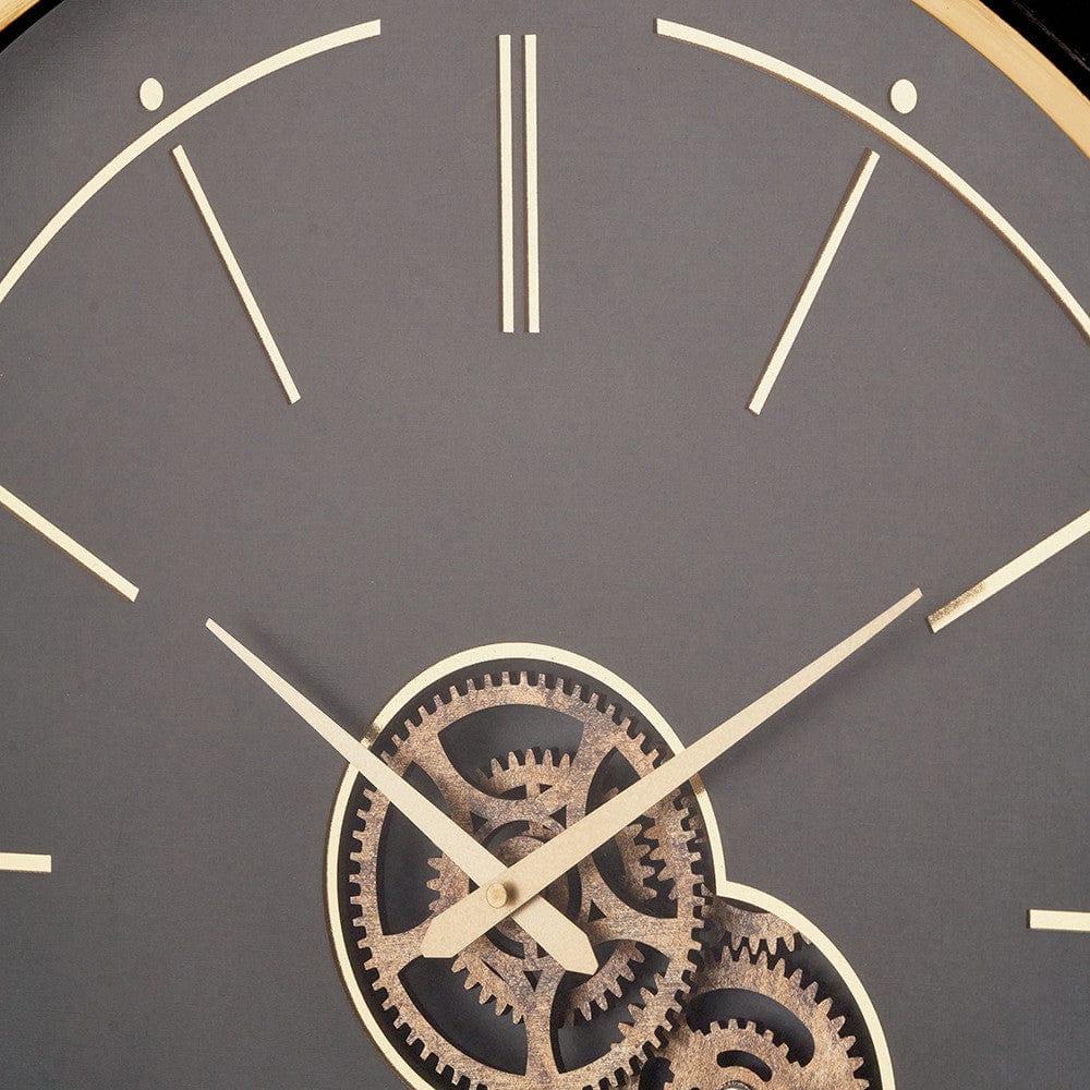 Black and Champagne Gold Wood Working Cog Wall Clock.
