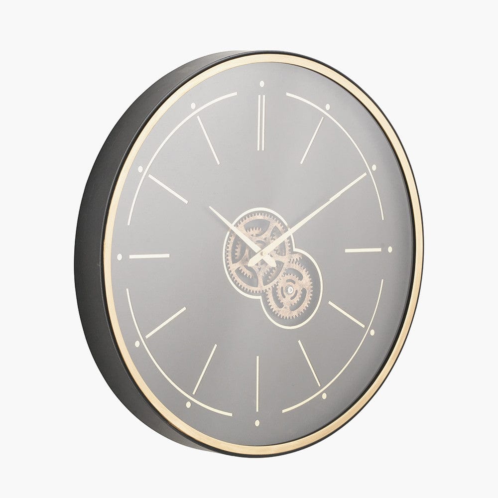Black and Champagne Gold Wood Working Cog Wall Clock.