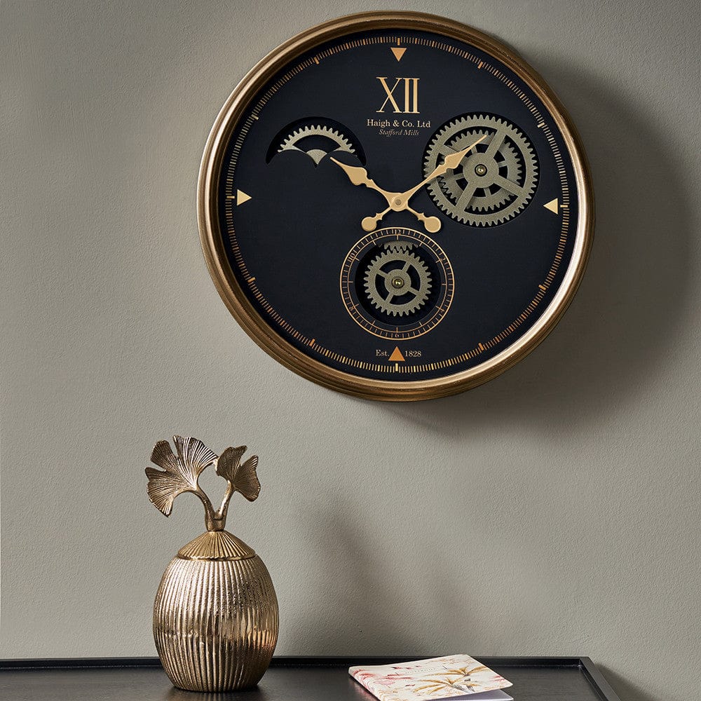 Pacific Lifestyle Accessories Black and Champagne Metal Working Cog Wall Clock House of Isabella UK