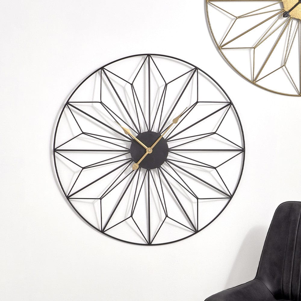 Pacific Lifestyle Accessories Black and Gold Metal Geo Design Round Wall Clock House of Isabella UK