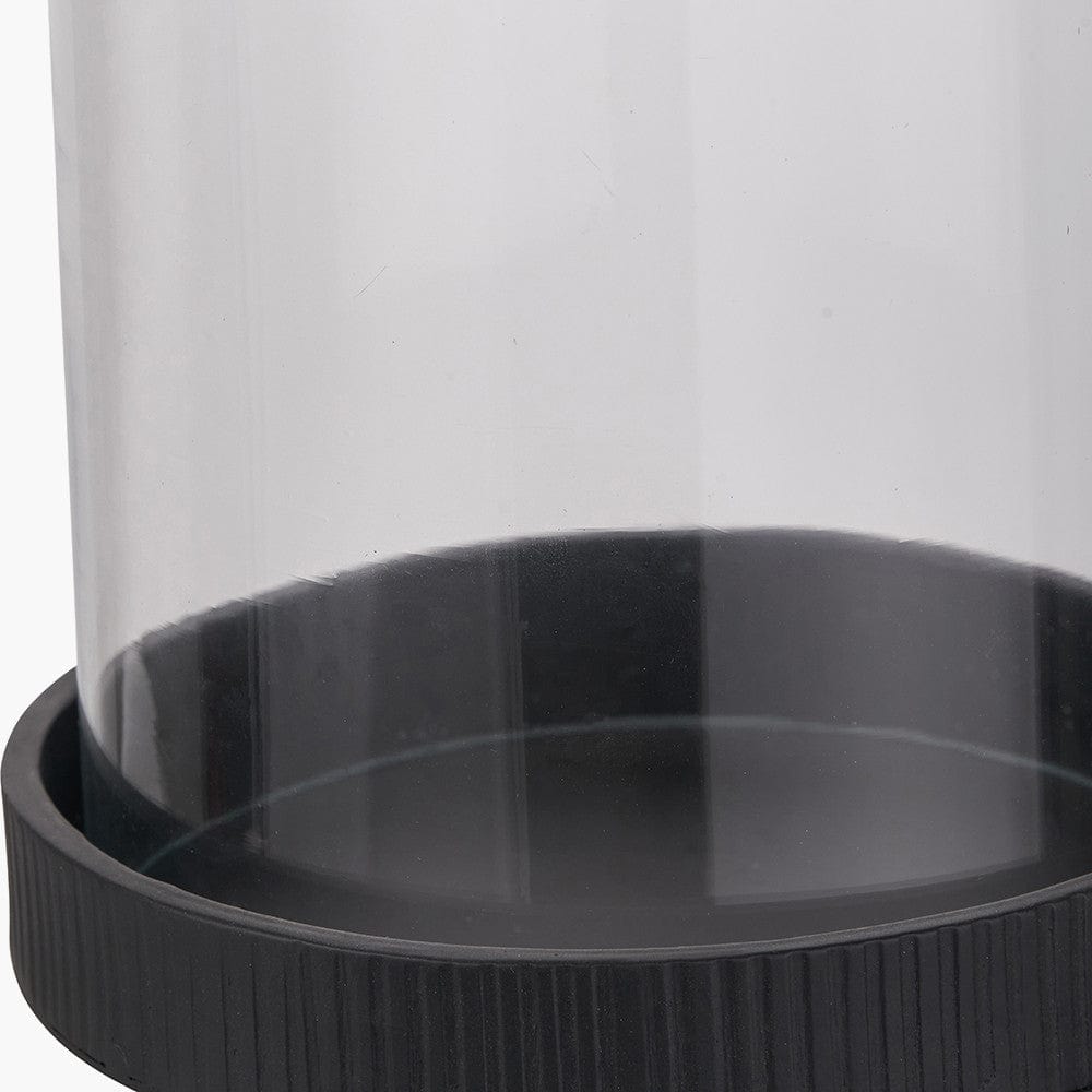 Black Ribbed Metal and Clear Glass Hurricane.