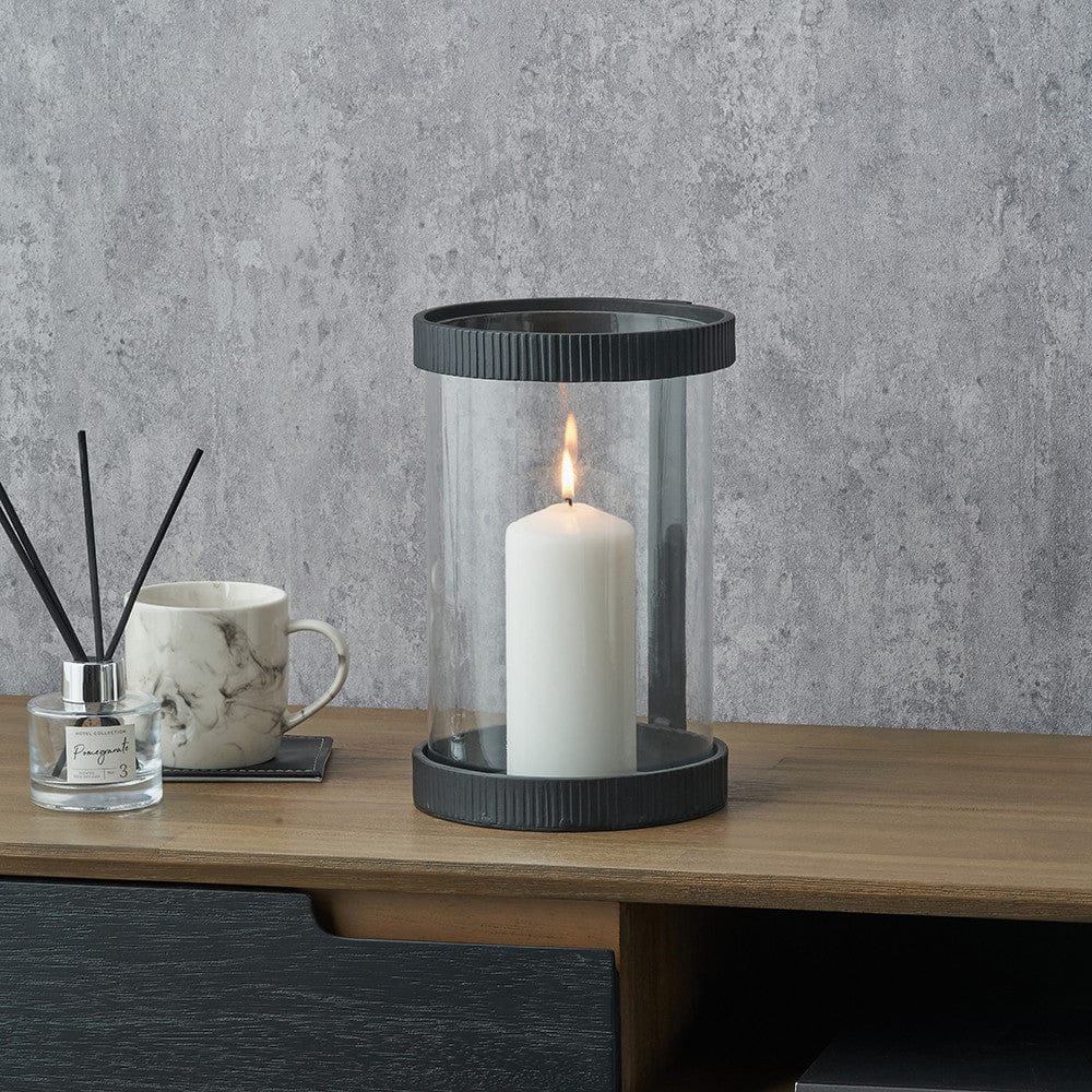 Black Ribbed Metal and Clear Glass Hurricane.