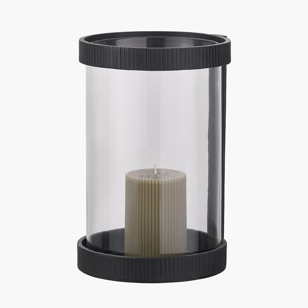 Black Ribbed Metal and Clear Glass Hurricane Large.