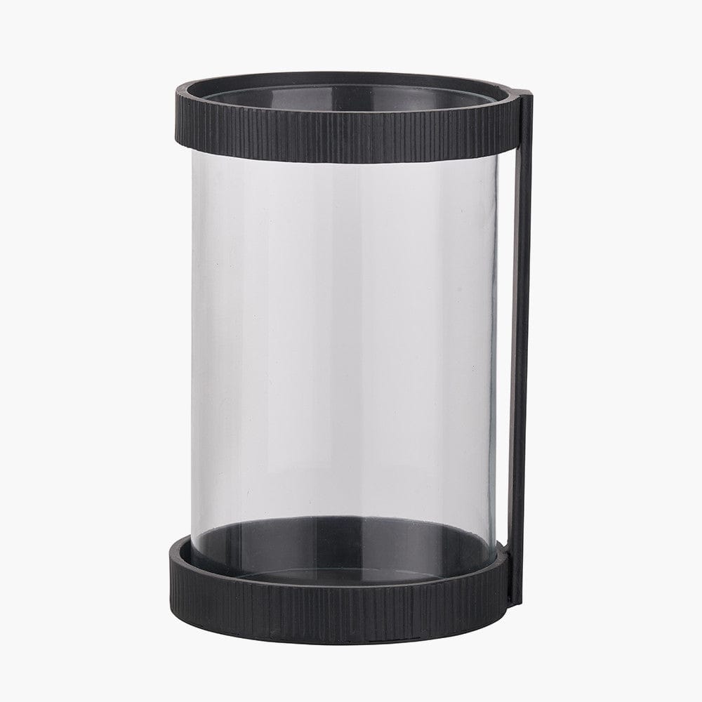 Black Ribbed Metal and Clear Glass Hurricane Large.
