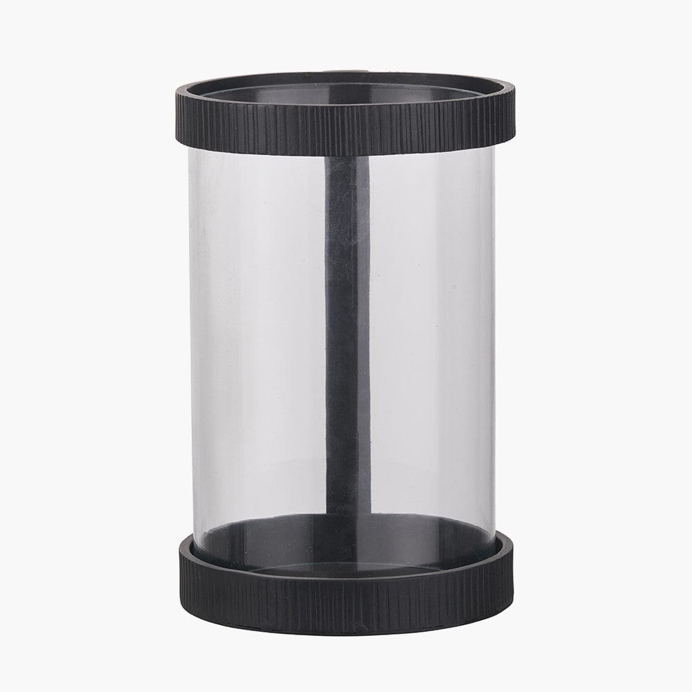 Black Ribbed Metal and Clear Glass Hurricane Large.
