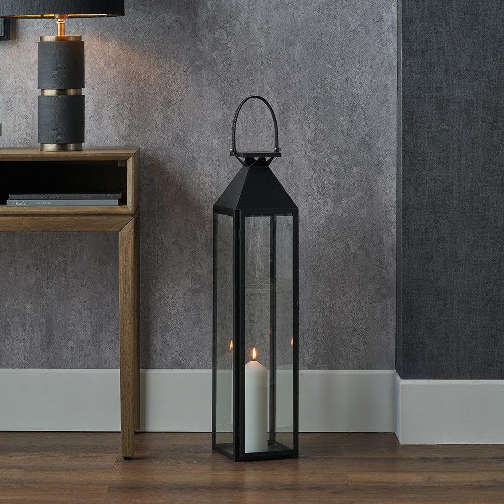 Black Stainless Steel and Glass Medium Tall Lantern.