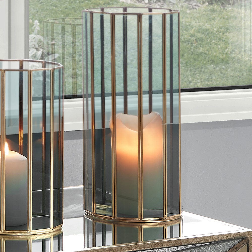 Brass Metal and Smoked Glass Panelled Tall Hurricane.