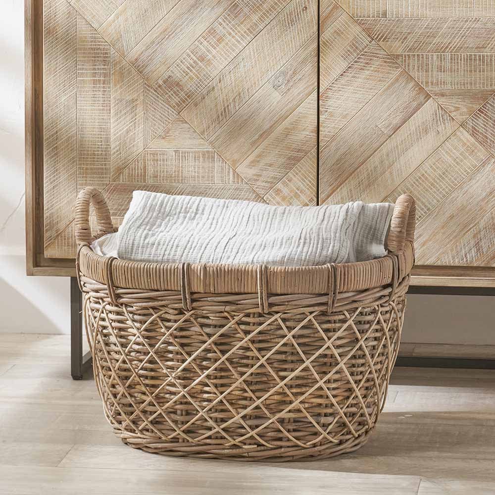 Brown Rattan Oval Handled Laundry Basket.