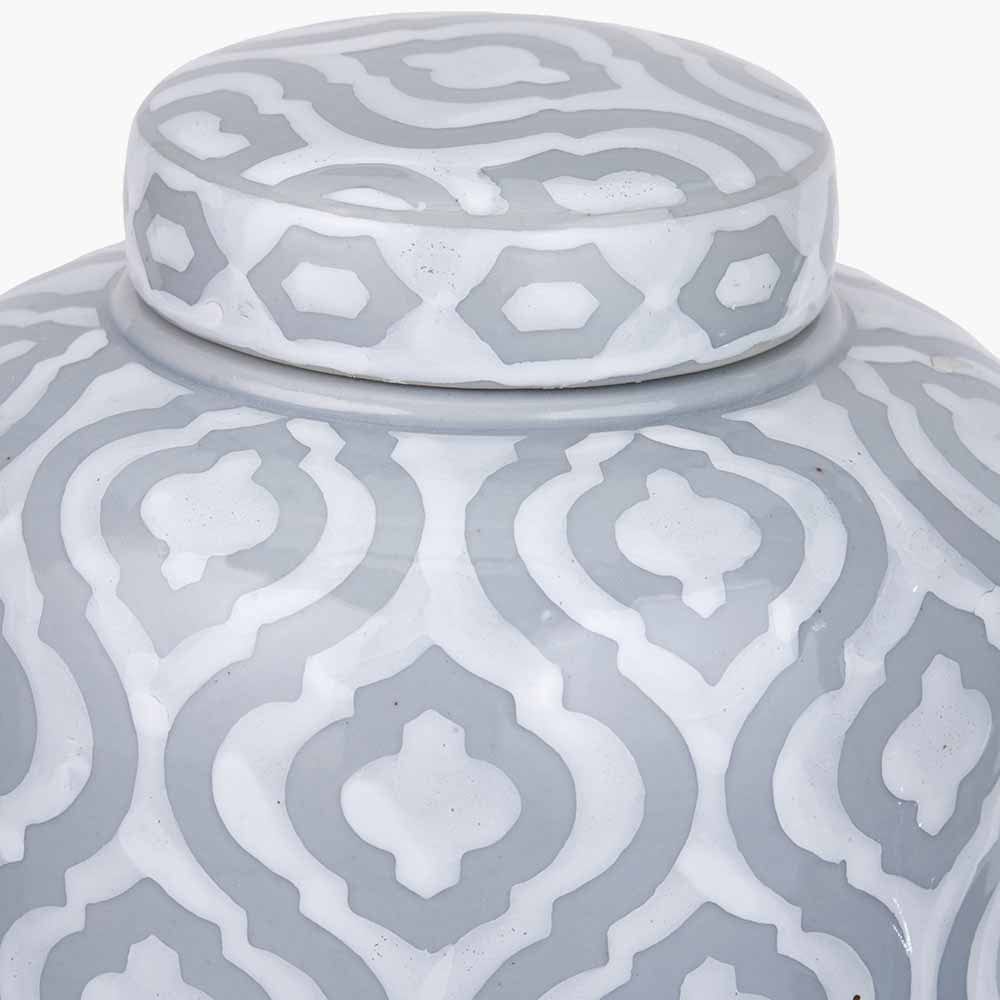Celia Grey and White Ceramic Geo Pattern Lidded Ginger Jar.