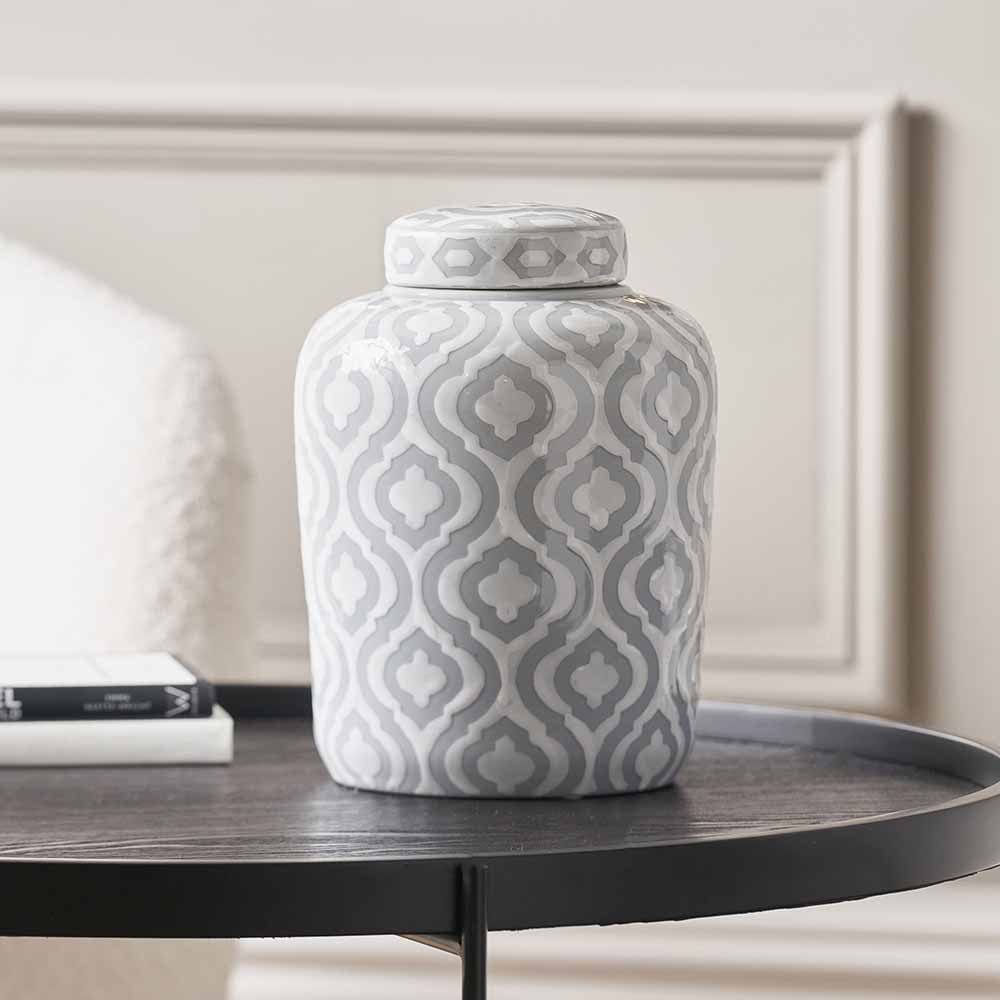Celia Grey and White Ceramic Geo Pattern Lidded Ginger Jar.