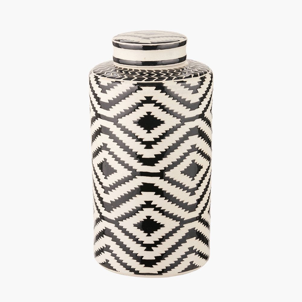 Pacific Lifestyle Accessories Chirala Black and White Ceramic Aztec Design Lidded Ginger Jar House of Isabella UK