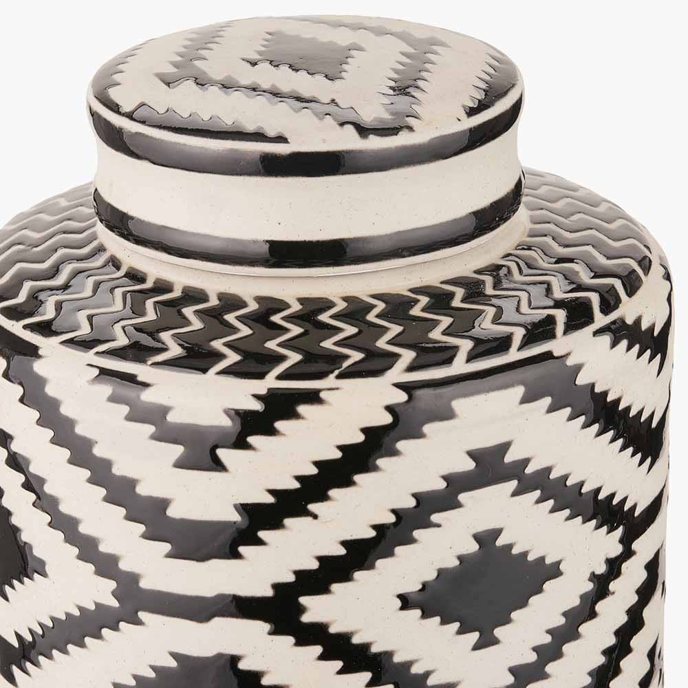 Pacific Lifestyle Accessories Chirala Black and White Ceramic Aztec Design Lidded Ginger Jar House of Isabella UK
