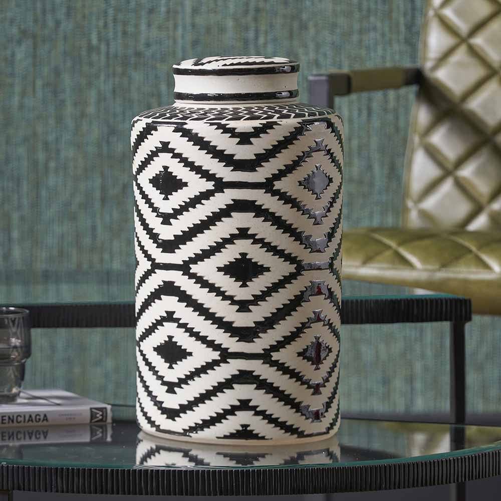 Pacific Lifestyle Accessories Chirala Black and White Ceramic Aztec Design Lidded Ginger Jar House of Isabella UK