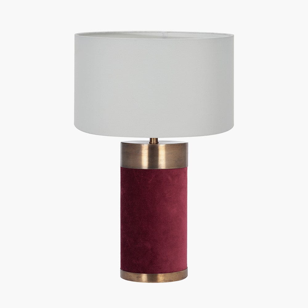 Dempsey Red Velvet and Antique Gold Metal Table Lamp Base with Harry 30cm Ivory Cotton Mix Cylinder Lampshade.