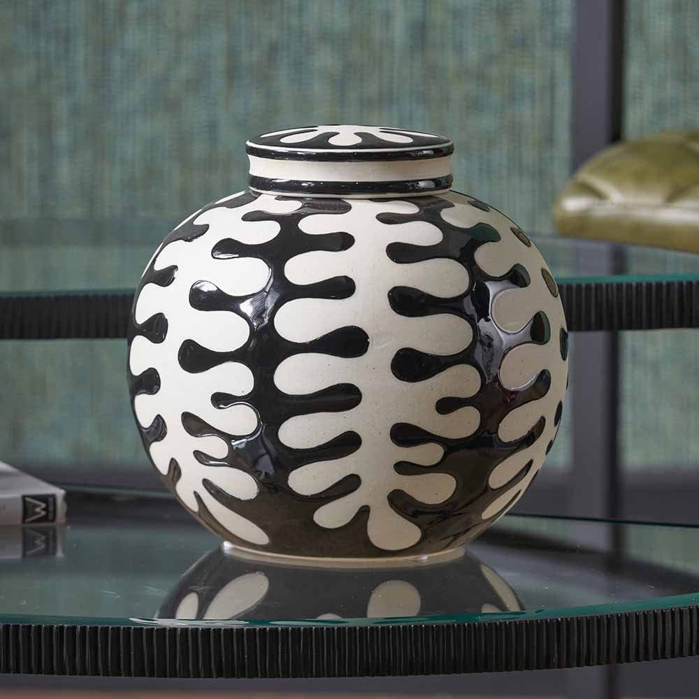 Elkorn Black and White Ceramic Coral Design Lidded Ginger Jar.