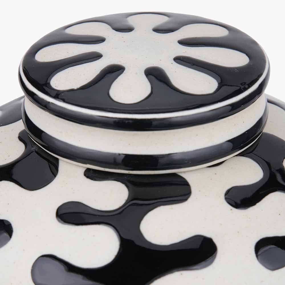 Elkorn Black and White Ceramic Coral Design Lidded Ginger Jar.