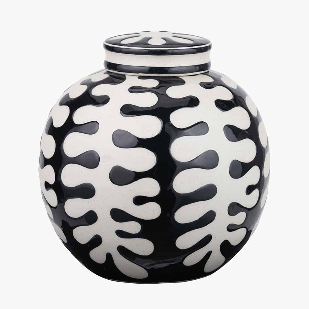 Elkorn Black and White Ceramic Coral Design Lidded Ginger Jar.