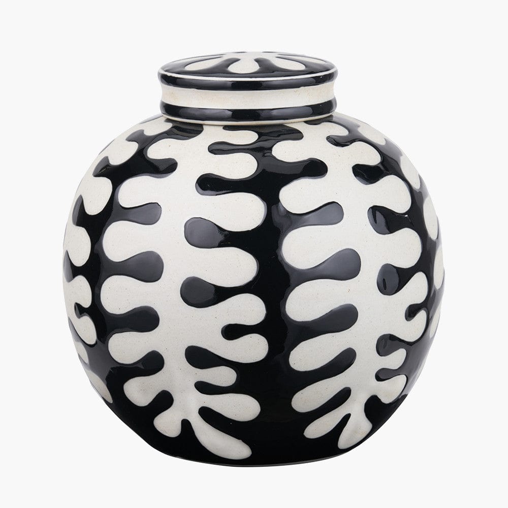 Elkorn Black and White Ceramic Coral Design Lidded Ginger Jar.