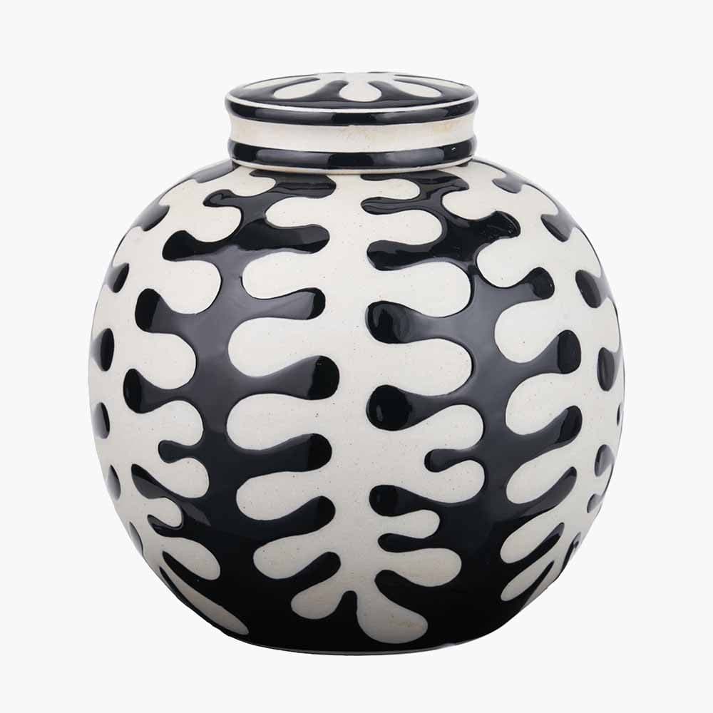 Elkorn Black and White Ceramic Coral Design Lidded Ginger Jar.