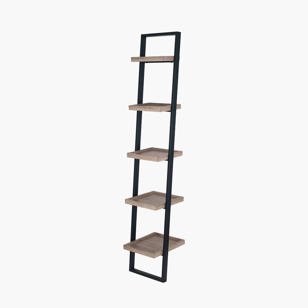 Gallery Natural Wood Veneer and Black Metal 5 Shelf Ladder Unit.