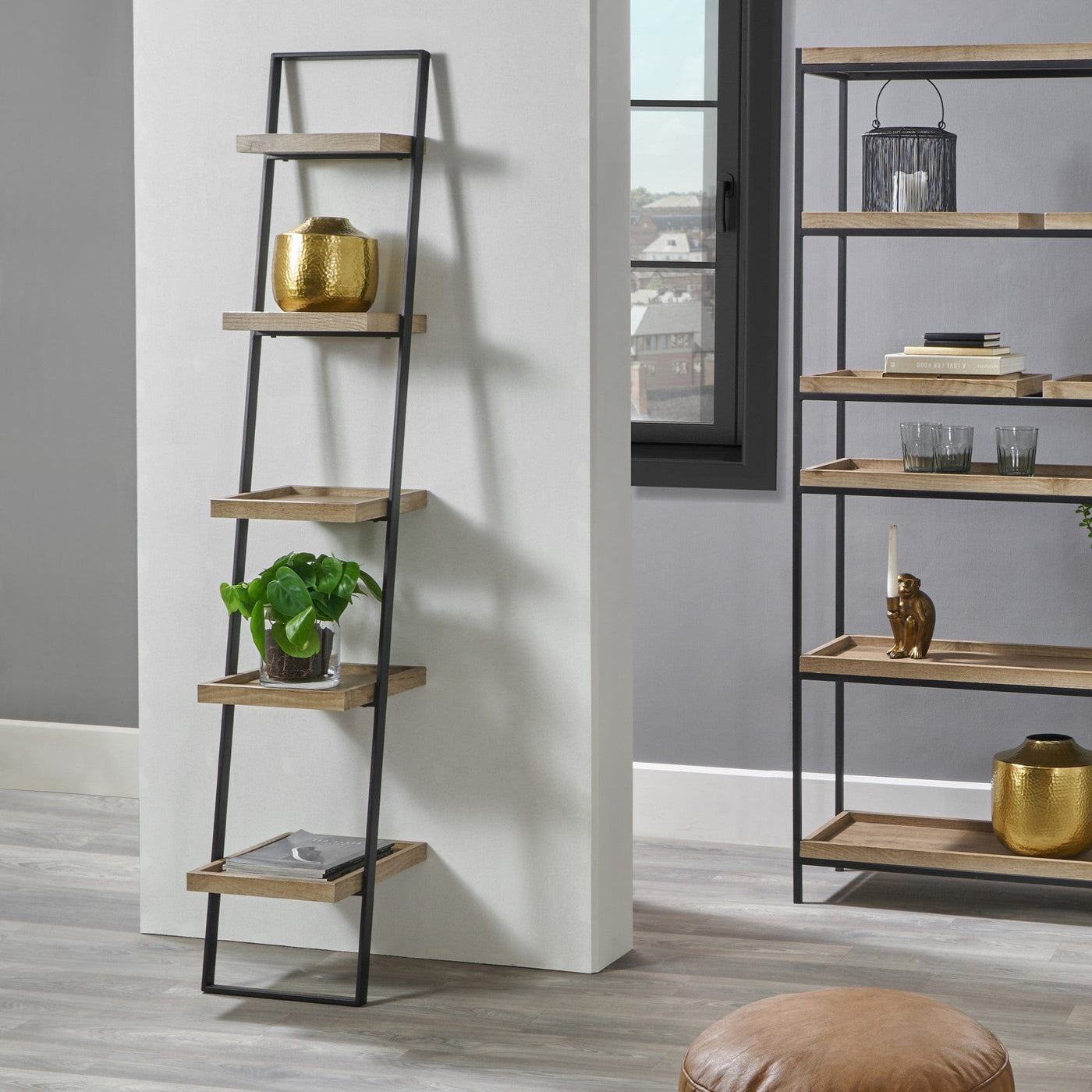 Pacific Lifestyle Accessories Gallery Natural Wood Veneer and Black Metal 5 Shelf Ladder Unit House of Isabella UK