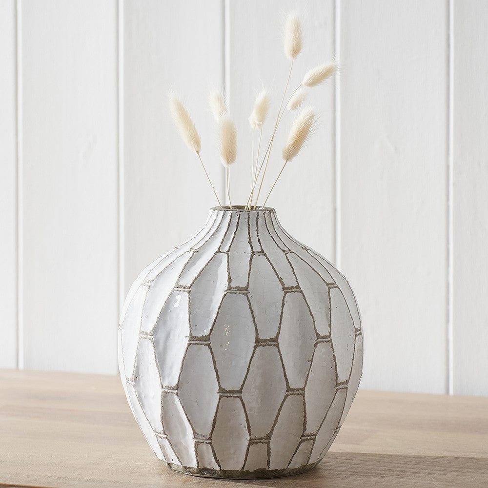 Gaudi White Stoneware Geometric Design Vase.