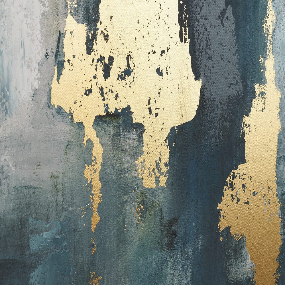 Gold and Blue Tone Abstract Canvas with Black Frame.