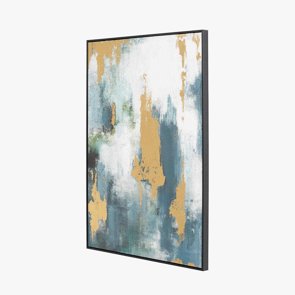 Gold and Blue Tone Abstract Canvas with Black Frame.