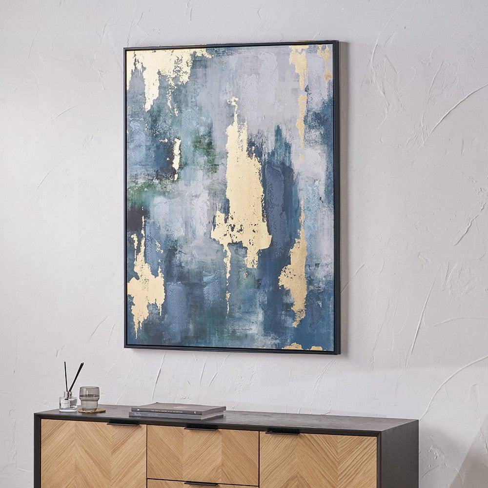 Gold and Blue Tone Abstract Canvas with Black Frame.
