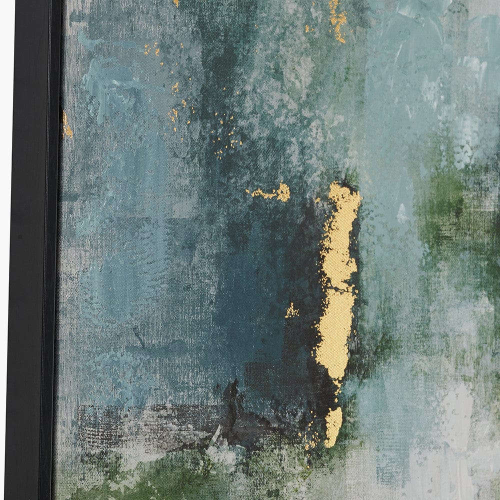 Gold and Blue Tone Abstract Canvas with Black Frame.