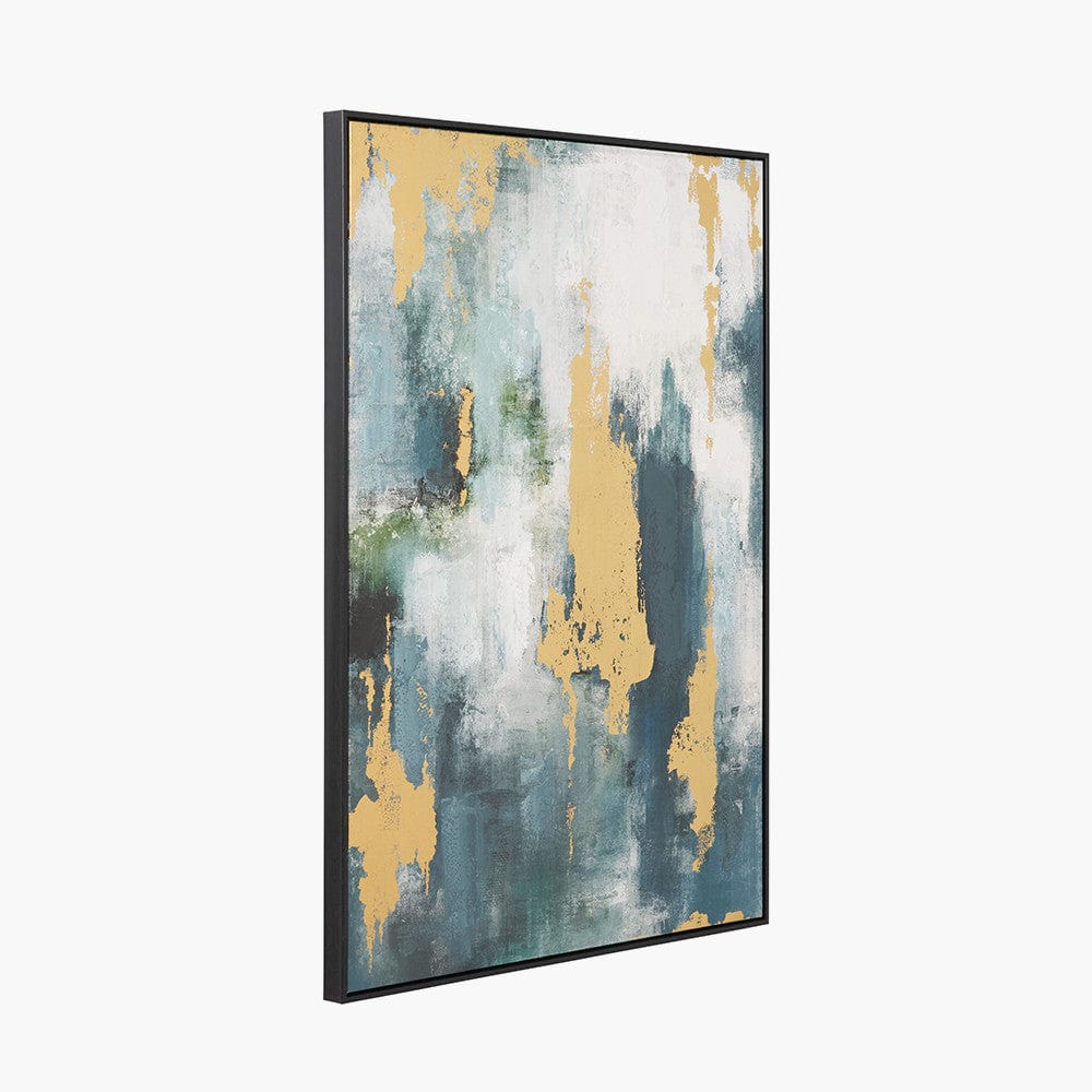 Gold and Blue Tone Abstract Canvas with Black Frame.