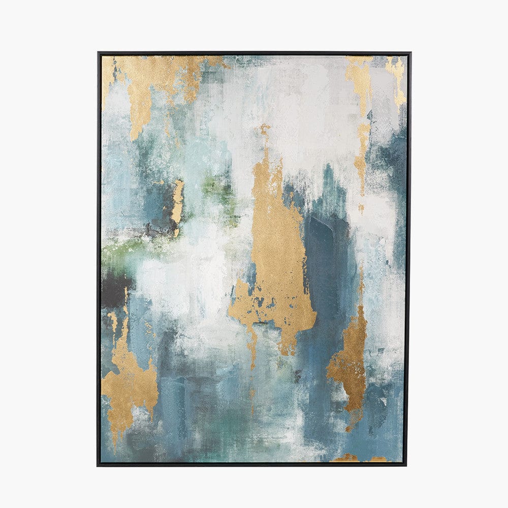 Gold and Blue Tone Abstract Canvas with Black Frame.