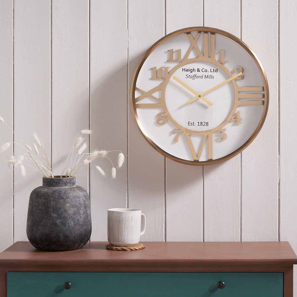 Gold Metal and White Face Round Wall Clock.