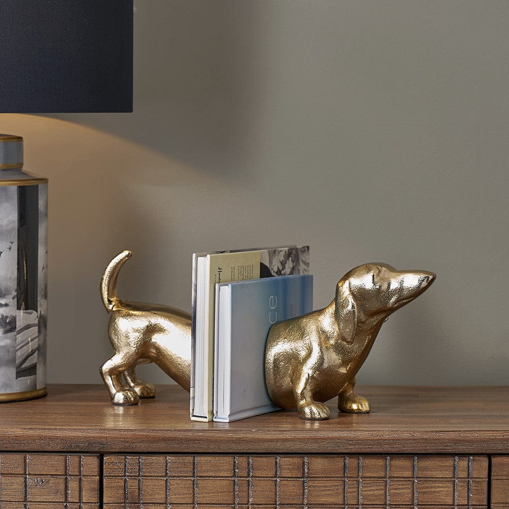 Gold Metal Sausage Dog Book Ends.
